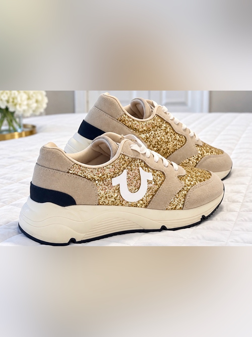 New True Religion Gold Glitter & Beige Suede Women's Sneaker